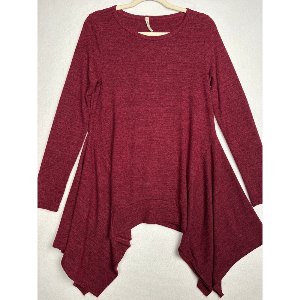 Beeson River Tunic Womens S Red Asymmetrical Hem Marled Knit Long Sleeve